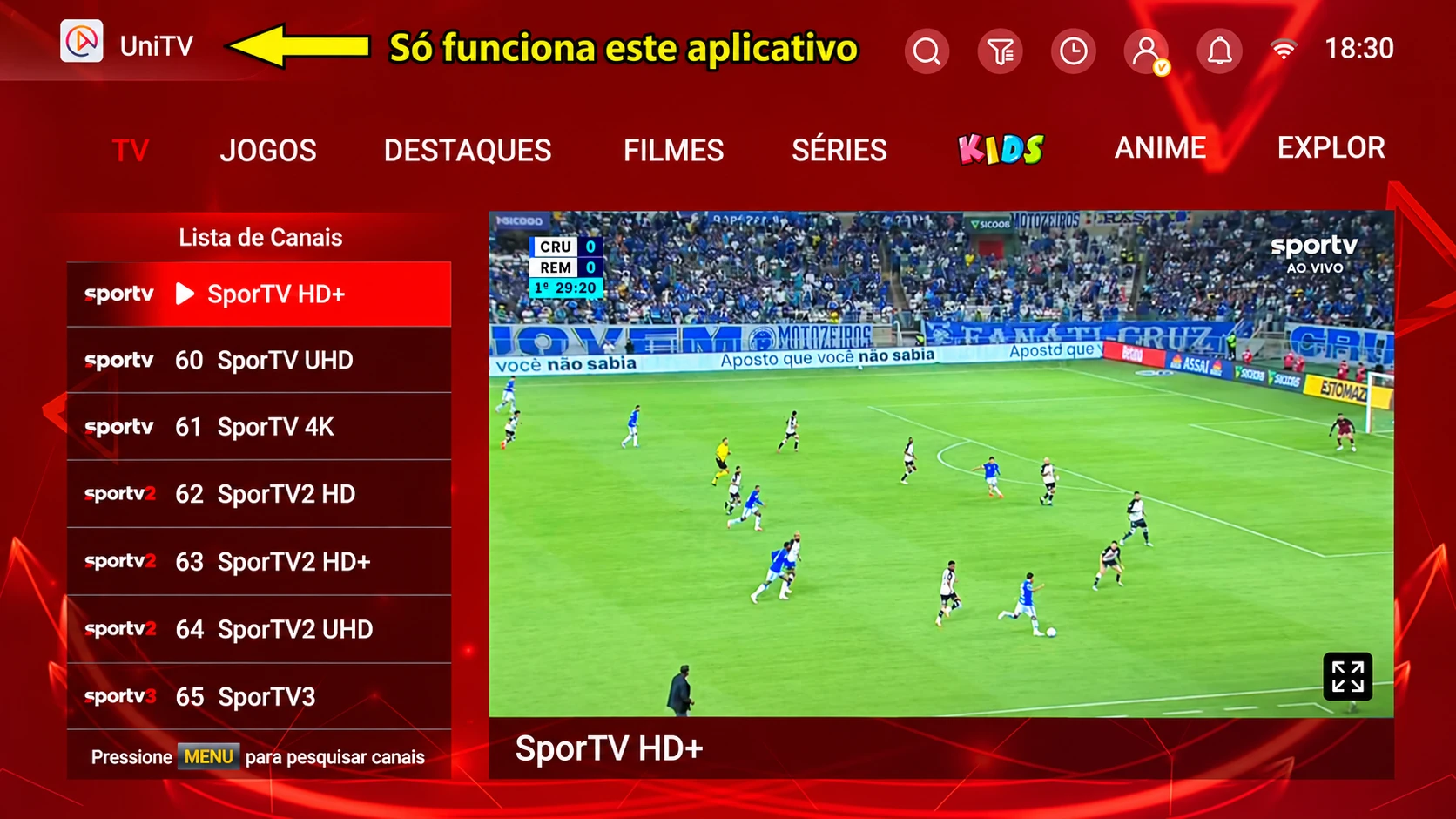 Tela do aplicativo UniTV / UniTV app screen